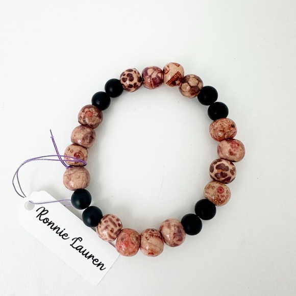 NWT Genuine Black Onyx & Wood Beads Bracelet Men's Brown Black - Picture 1 of 2